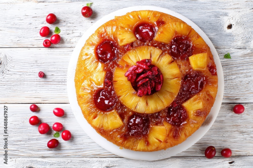 Homemade pineapple upside down pie with candied cranberries Tropical treat on a white wooden surface Overhead view Homemade pineapple upside down pie with candied cranberries Tropical treat on a white wooden surface Overhead view