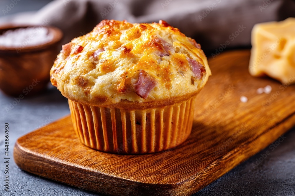 Homemade ham and cheese muffin served on a wooden board Homemade ham and cheese muffin served on a wooden board