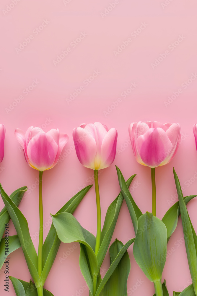 Light pink tulips in a row on soft background. Easter and floral simplicity concept. Light pink tulips in a row on soft background. Easter and floral simplicity concept.