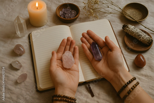 Holding Healing Crystals Over Journal