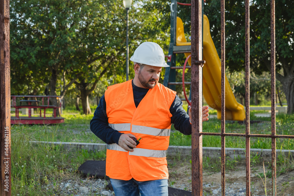 Builder With Helmet Doing The Construction Measurements