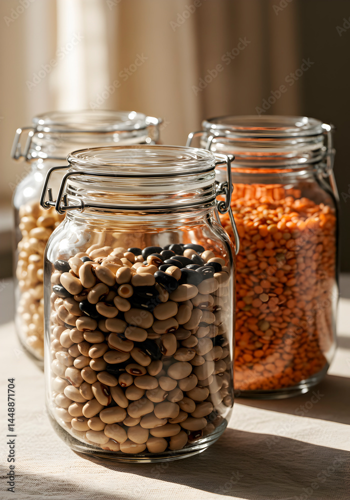 Glass Storage Jars with Beans and Lentils on Wooden Surface Glass Storage Jars with Beans and Lentils on Wooden Surface