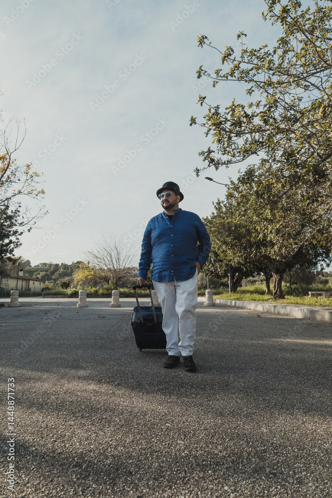 Traveler With A Suitcase Lost In A Park
