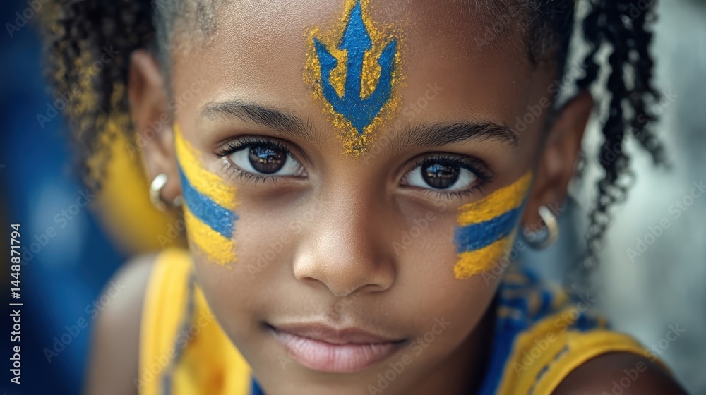 Close-up portrait of a girl with face paint at a lively festival celebration Close-up portrait of a girl with face paint at a lively festival celebration