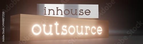 Inhouse, outsource - block shapes and glow effect - 3D illustration