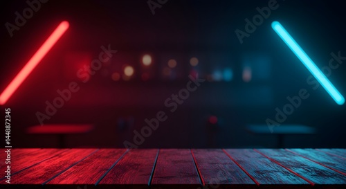 Abstract Neon Background with Red and Blue Glowing Lights on a Wooden Table