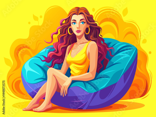 Beautiful attractive attractive lovely girl with dreamy vector of happy wavy hair sitting on beanbag chair resting on holiday isolated on bright bright glow of vibrant yellow color...