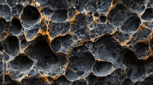 Abstract rock formation showcasing dark volcanic stone riddled with holes and lined with light-colored mineral deposits. Close-up view.