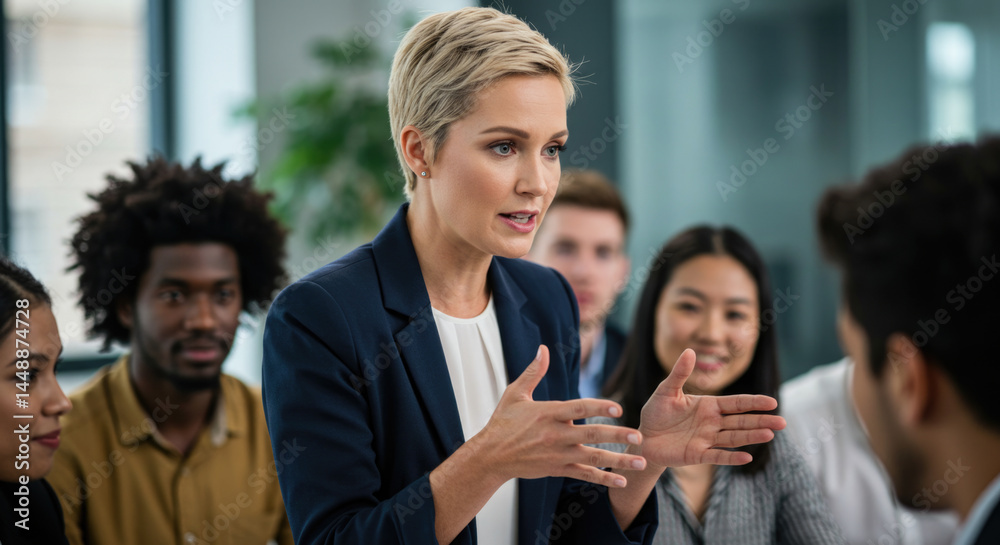 Caucasian female leader presenting in diverse team meeting in office setting Caucasian female leader presenting in diverse team meeting in office setting