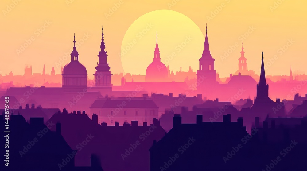 Fototapeta premium Sunset Over a Historical Cityscape with Silhouetted Architecture and Warm Hues