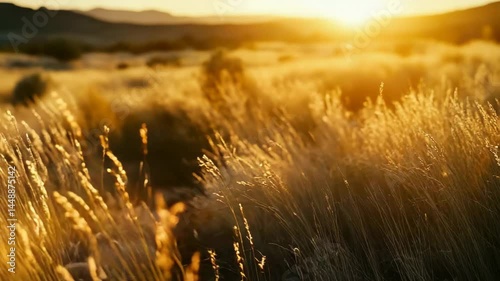 A field of grass with the sun setting in the background