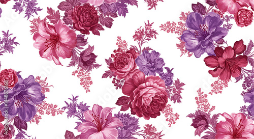 Seamless floral pattern with pink and purple flowers on a black background in a vintage style design