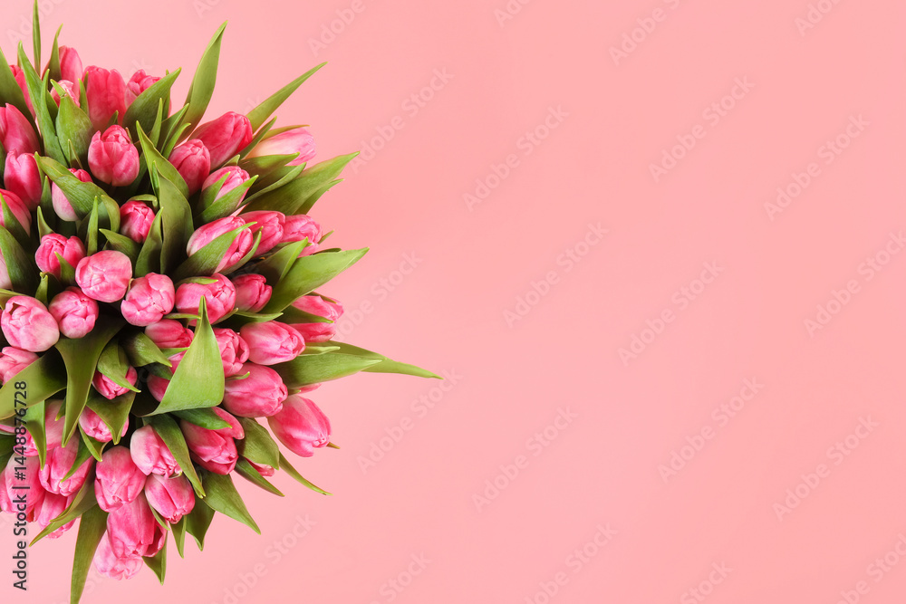 Naklejka premium Bouquet of beautiful tulips on pink background, top view. Space for text