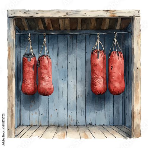 Boxing Ring With Punching Bags And Gloves, vector watercolor illustration, isolated on a white background.