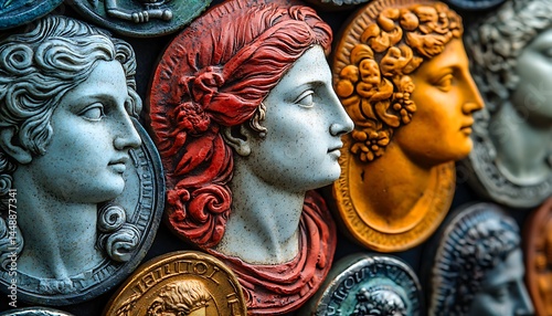 A collection of colorful profile sculptures, depicting women with elaborate hairstyles