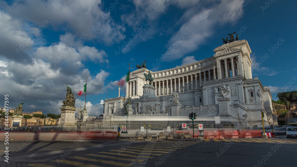 Fototapeta premium Rome, Italy. Famous Vittoriano with gigantic equestrian statue of King Vittorio Emanuele II timelapse hyperlapse.