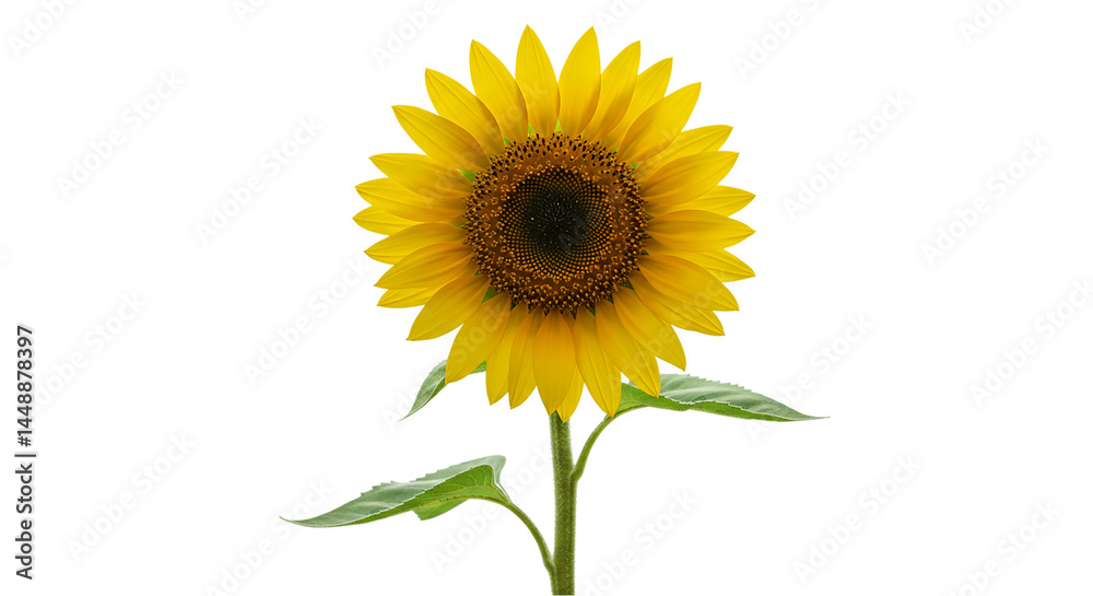 Obraz premium Full sunflower bloom with stem and leaf detail isolated on white background, perfect for gardening promotions, flower visuals, farm harvest illustrations, and floral decorative assets