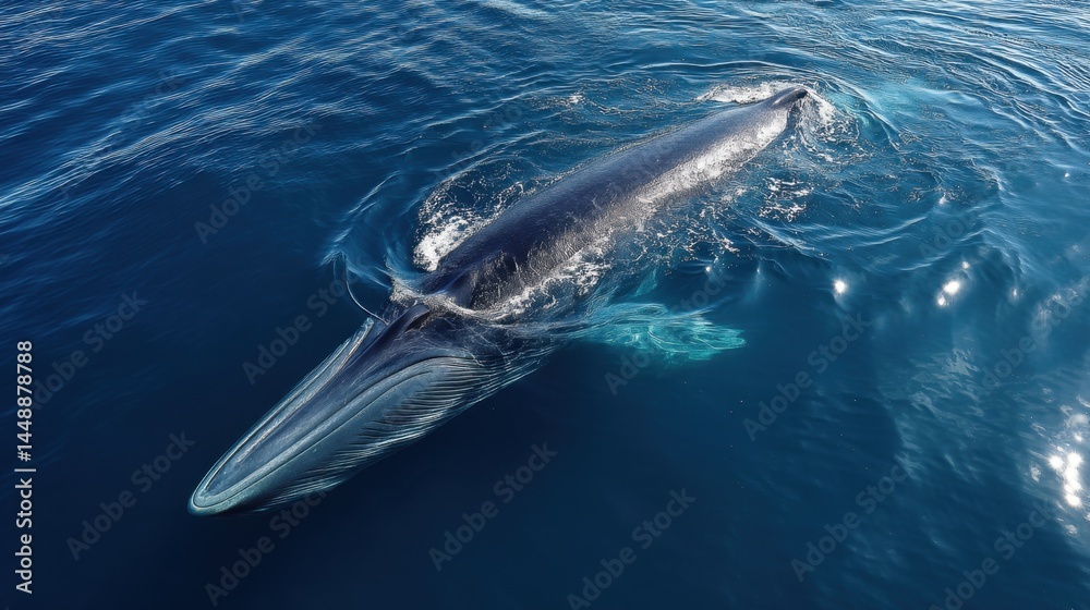 Fototapeta premium Fin Whale Surfacing: Majestic Ocean Giant in Blue Waters