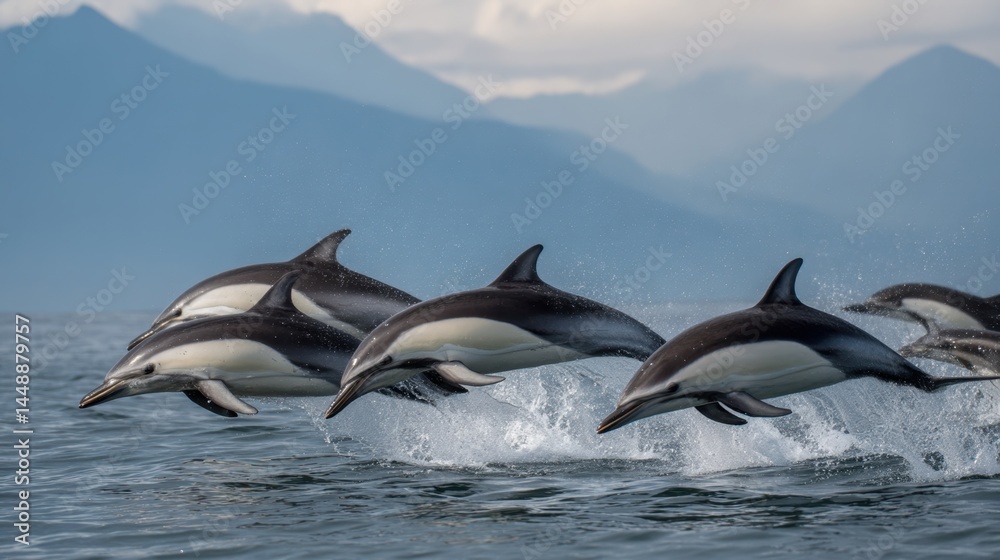 Fototapeta premium Leaping Dolphins: A Symphony of Marine Life