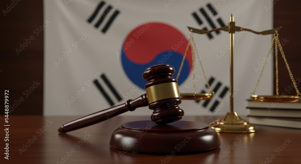Symbolizing South Korean Justice: Gavel, Scales, and Flag in a Lawful Setting Symbolizing South Korean Justice: Gavel, Scales, and Flag in a Lawful Setting