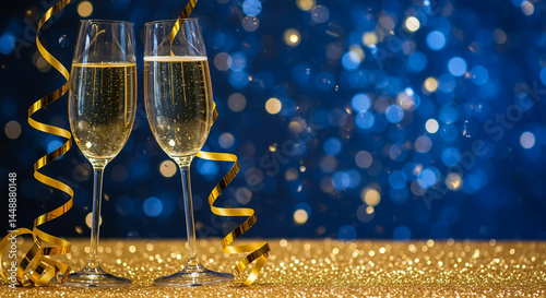 Champagne Toast Celebration - Happy New Year With Golden Glitter On Blue Abstract Background And Defocused Bokeh Lights