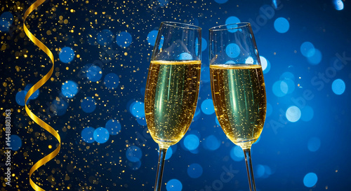 Champagne Toast Celebration - Happy New Year With Golden Glitter On Blue Abstract Background And Defocused Bokeh Lights