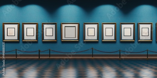 a photo of a blue wall in an art gallery or museum with frames of paintings 