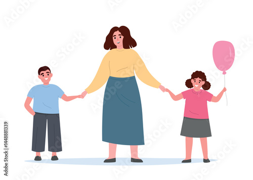 Mother holds children's hands. Happy family with daughter and son. Vector flat graphics.