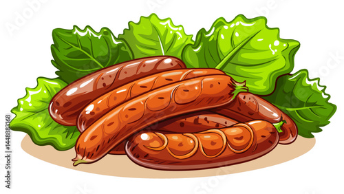 Brazilian-style sausages seasoned to perfection.
Lettuce adds a fresh, healthy contrast.
White backdrop emphasizes the dish’s appeal.
Designed for street food vector collections.


