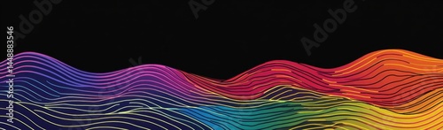 a simple, colorful, wavy rainbow of lines on a black background Generative AI