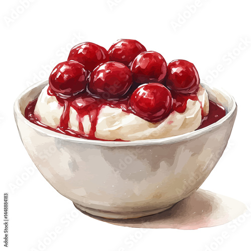 watercolor of Bowl Of Panna Cotta With A Berry Compote, vector, isolated on a white background.