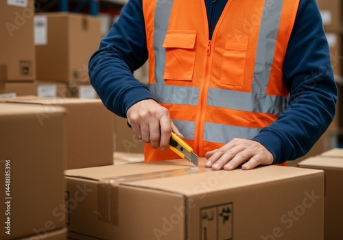Warehouse worker opening cardboard box with cutter for delivery and shipping concept