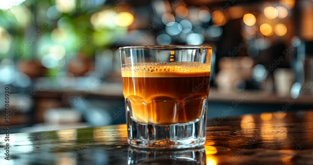 Close-up of a freshly brewed espresso in a glass on a polished table in a cozy caf? setting