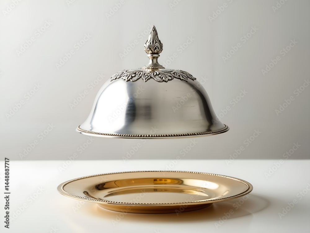Elegant silver serving dome cloche on golden plate, restaurant or catering concept. Generative AI