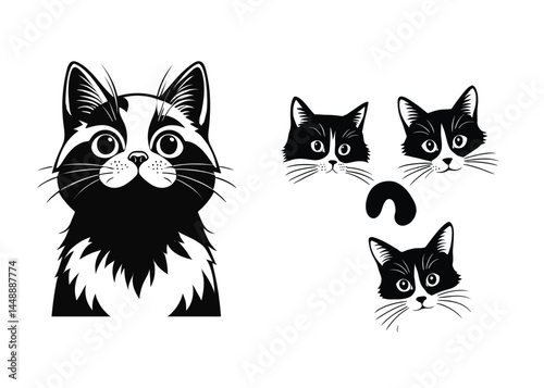 A cute set of black and white feline vector illustrations features funny domestic cats and kittens