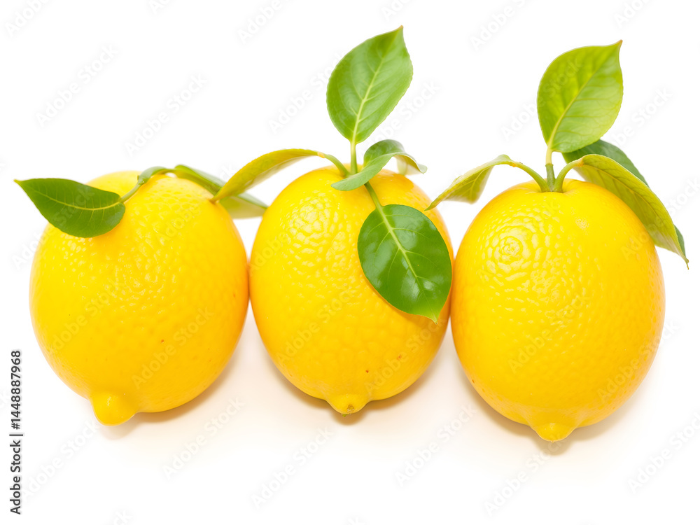 Fresh yellow lemons with green leaves isolated on white background. Generative AI
