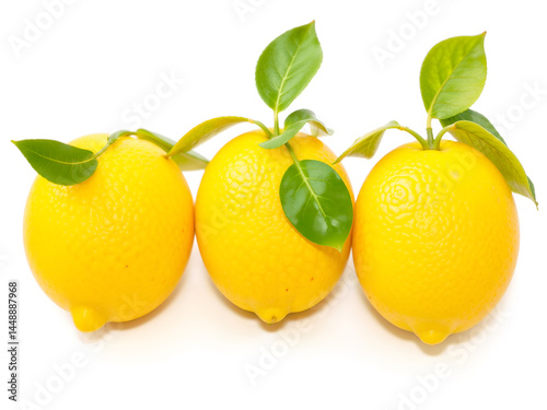Obraz na płótnie Fresh yellow lemons with green leaves isolated on white background. Generative AI w salonie