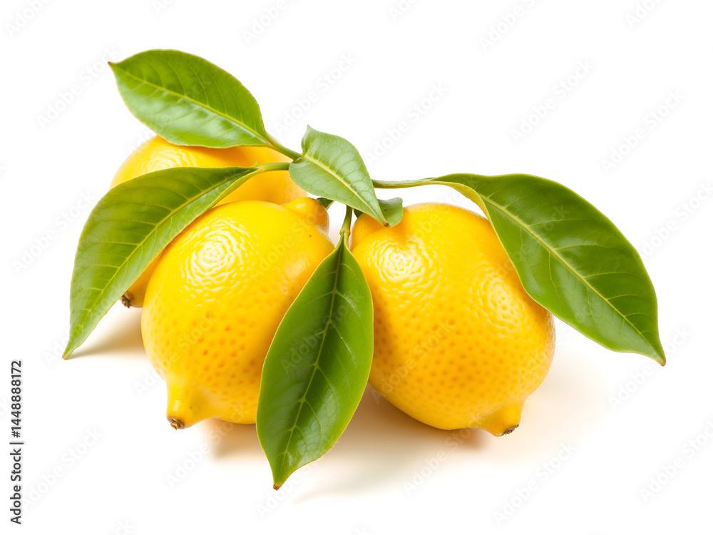 Fresh yellow lemons with green leaves isolated on white background. Generative AI