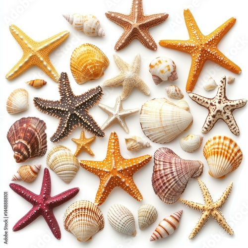 Vibrant starfish and seashells artfully arranged on a white background, perfect for beachinspired decor. photo