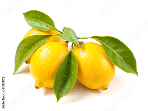 Obraz na płótnie Fresh yellow lemons with green leaves isolated on white background. Generative AI w salonie