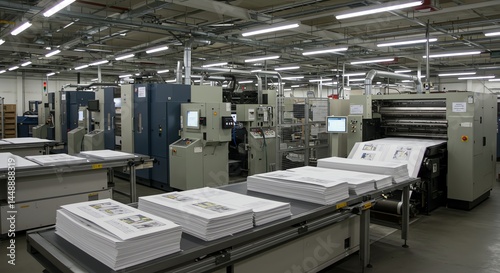 Industrial Printing Press: Stacks of Papers, Modern Machinery, Efficient Workflow