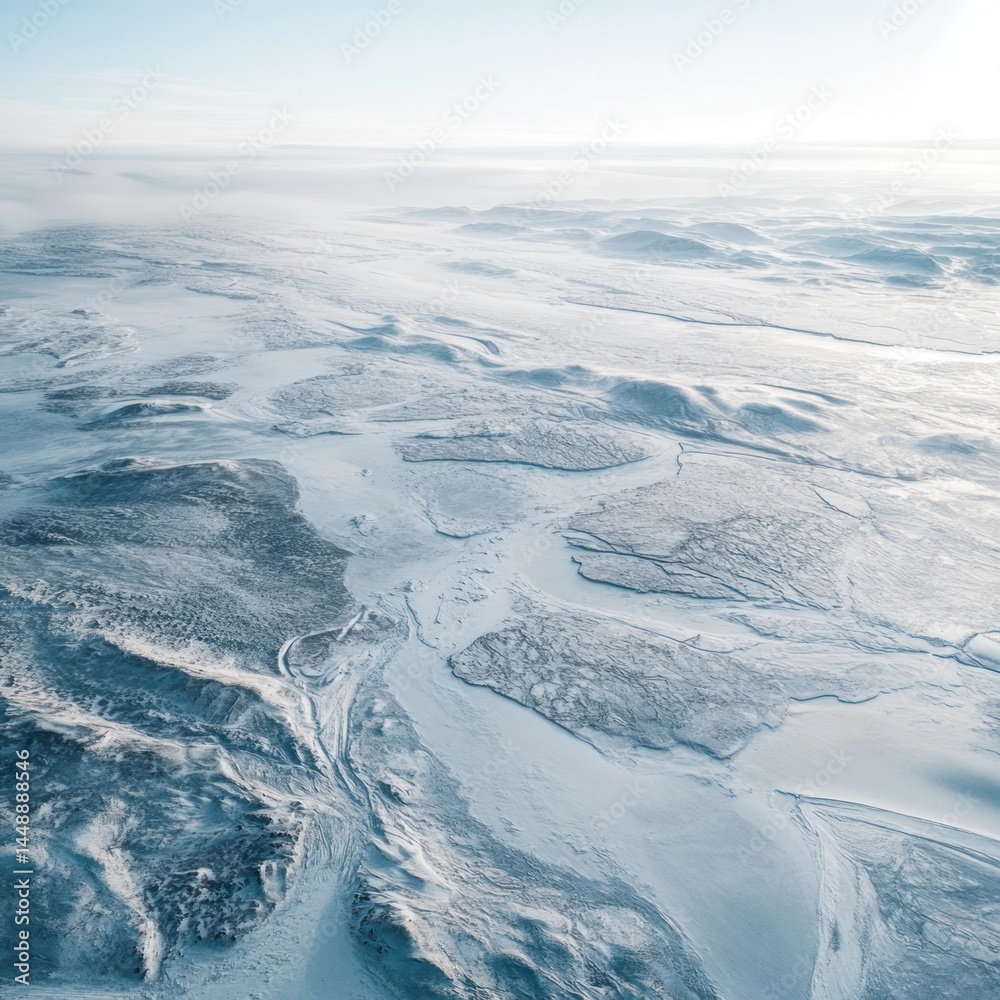 Fototapeta premium Aerial view of a frozen, snow-covered landscape with winding waterways.