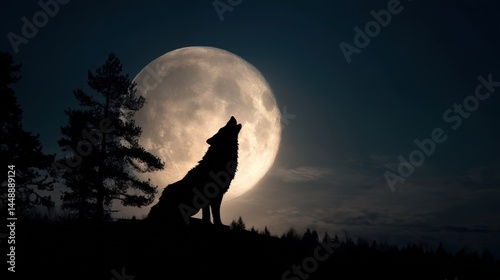 Wolf Howling at the Moon: Nocturnal Silhouette