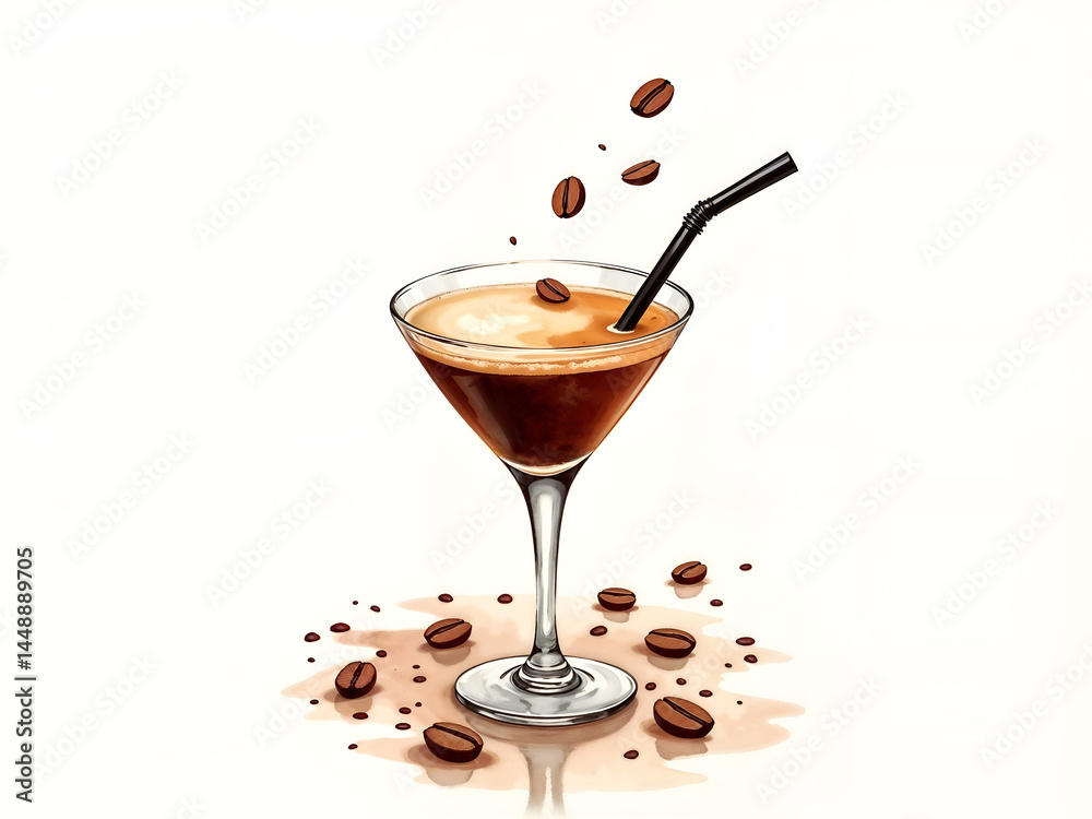 Espresso martini cocktail in glass with coffee beans and straw, minimal style. Generative AI