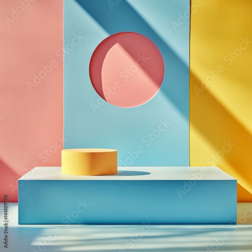Abstract Geometric Still Life with Yellow Podium on Blue Platform Against Pink and Yellow Backgrounds with Hard Shadows