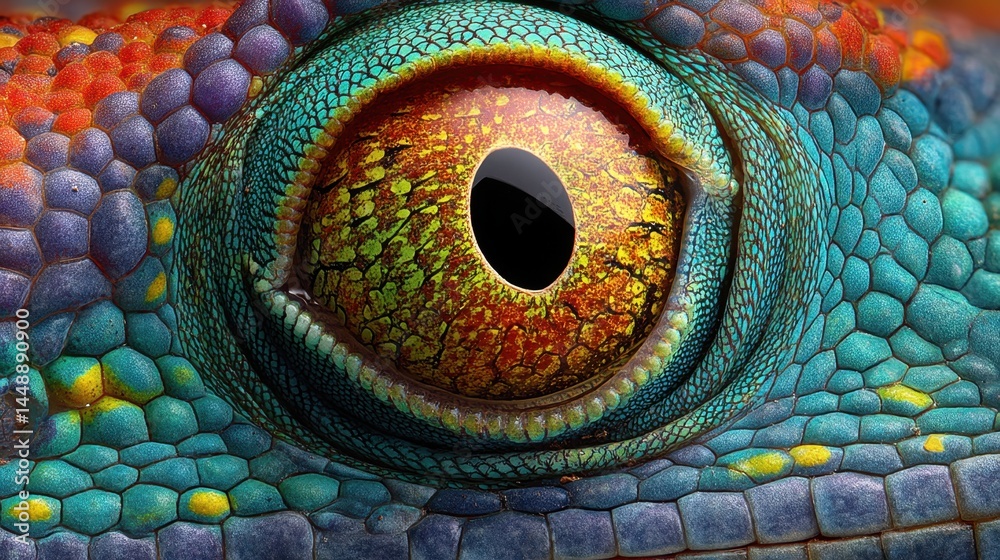 Obraz premium Chameleon Eye Close-Up: Vivid Colors and Intricate Detail