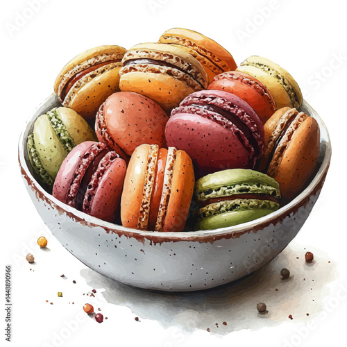 Bowl Of Colorful Macarons, watercolor vector, isolated on a white background.