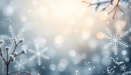 Snowflake Festive Background. Elegant, Icy Winter Banner with copy-space, smooth light. with white shades