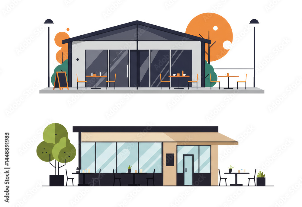 Fototapeta premium Stylized minimalist graphic of two restaurant buildings with outdoor seatings design