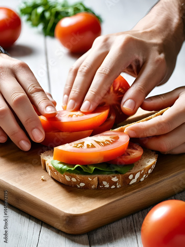 Close-up of hands slicing tomatoes for a simple sandwich on wooden board.
